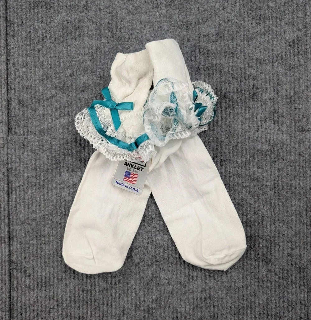 Vintage Lace Ruffle Socks Womens 8-9.5 Nylon Coquette Cream Teal Frilly Church